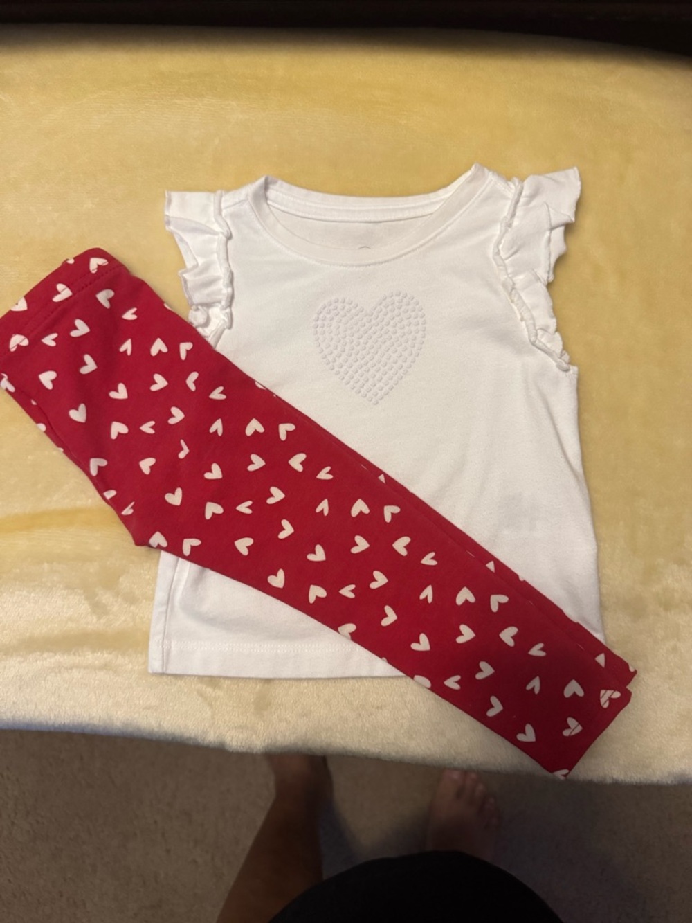 White Ruffle Sleeve Top & Red Heart Leggings Set